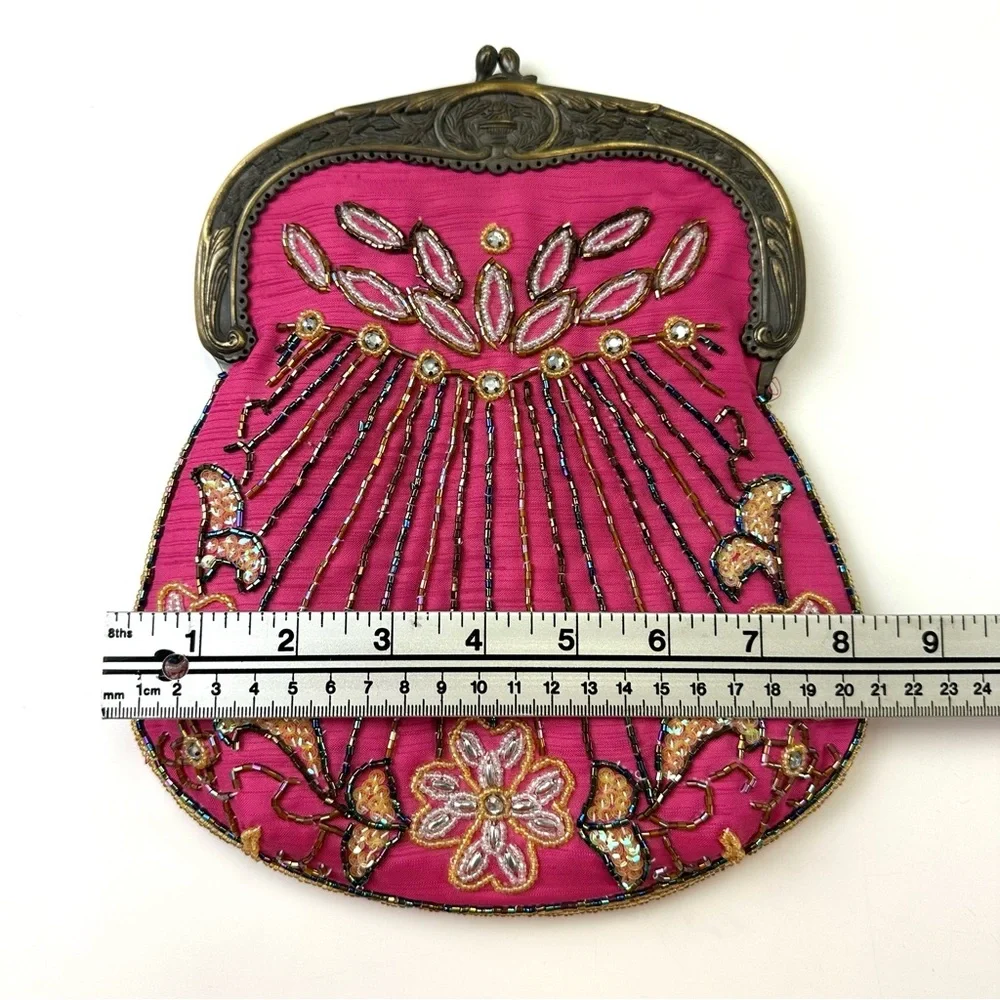 Vintage Pink Beaded Evening Bag Gold Frame Chain Strap Art Deco Glam - Picture 3 of 8